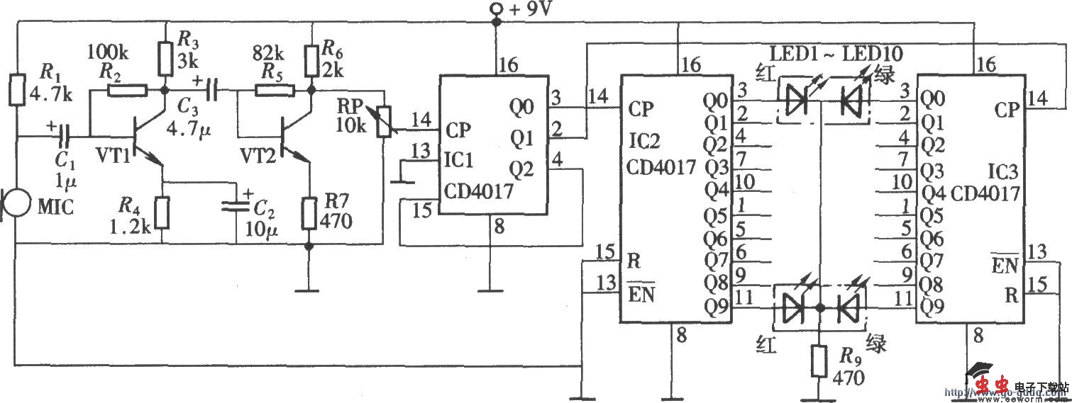 由CD4017组成的乐控变色LED彩灯