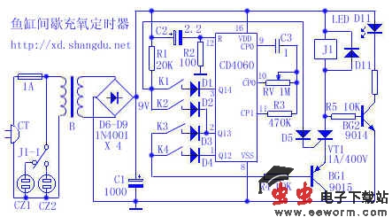 鱼缸间歇充氧定时器电路