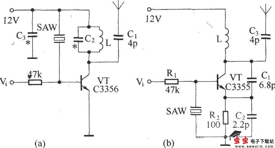 由声表面波谐振器(SAW)组成的基本无线电发射电路