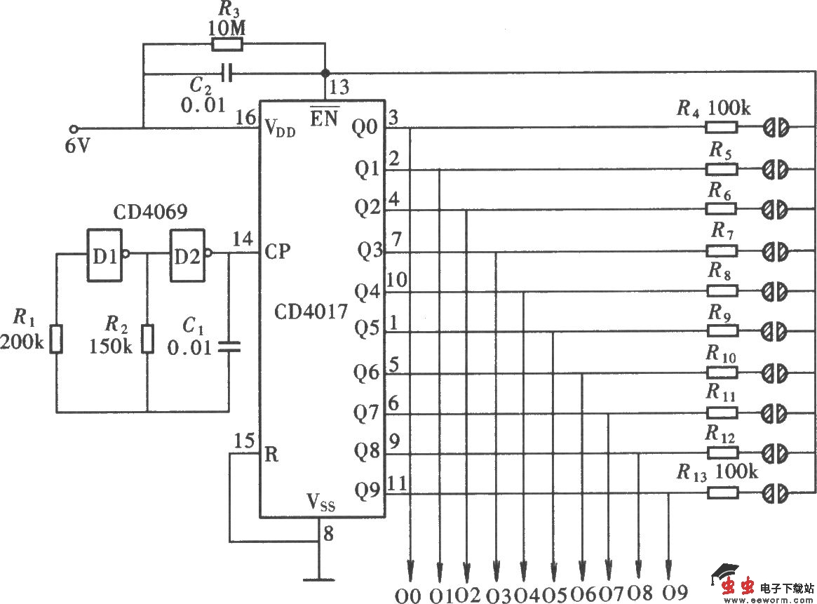 触摸式十挡互锁开关控制器电路(CD4069、CD4017)