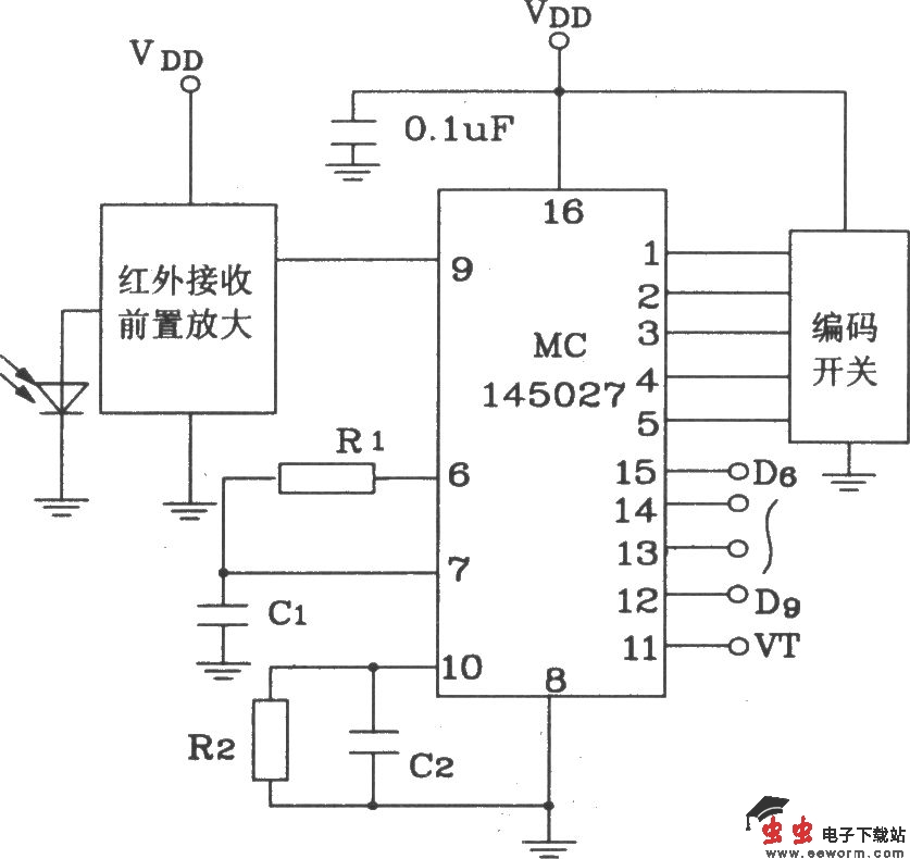 MC145026/145027构成红外发射、接收电路图