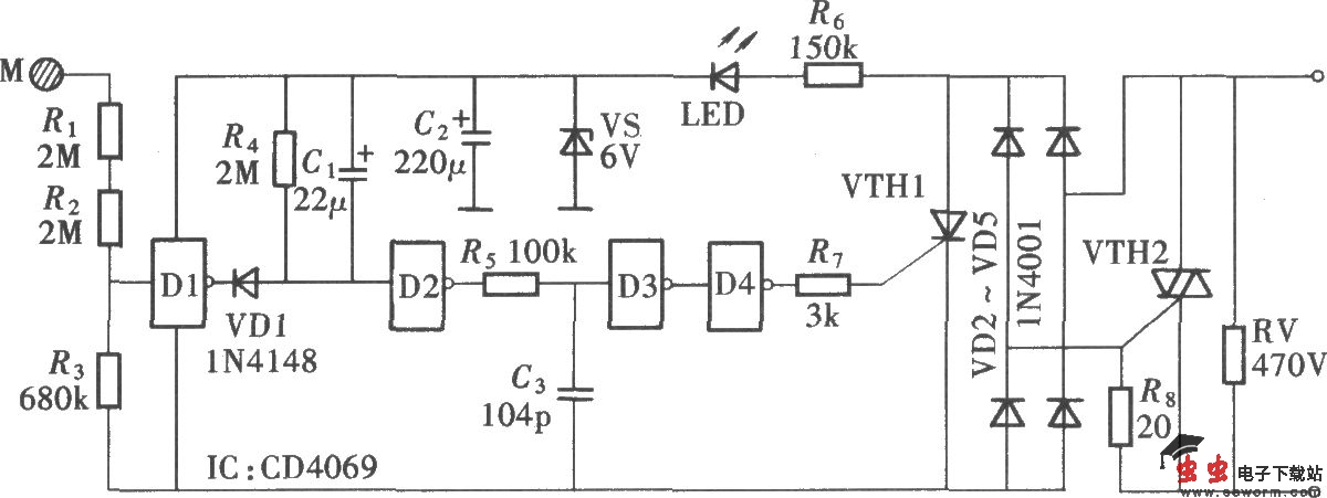 由CD4069组成的触摸式卫生间排气扇延时开关
