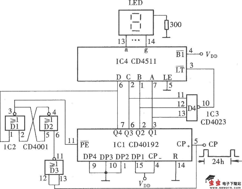 由CD4511、CD40192组成的星期历数显电路