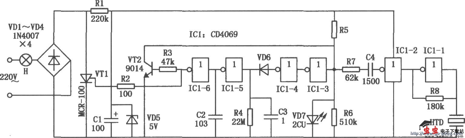 CD4069组成的照明灯节能控制器