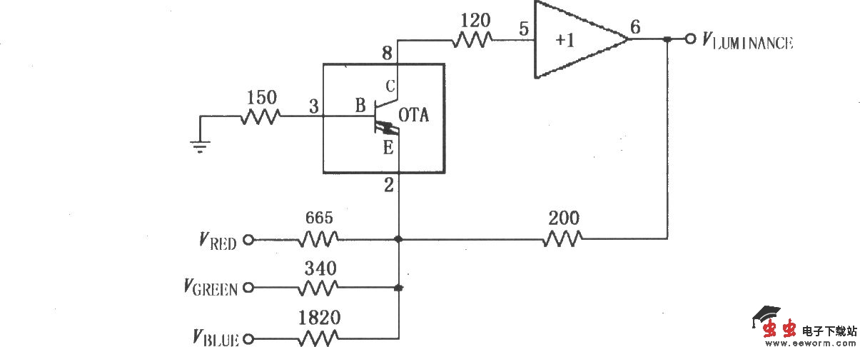 由宽带跨导型运算放大和缓冲器OPA660构成的视频亮度矩阵电路