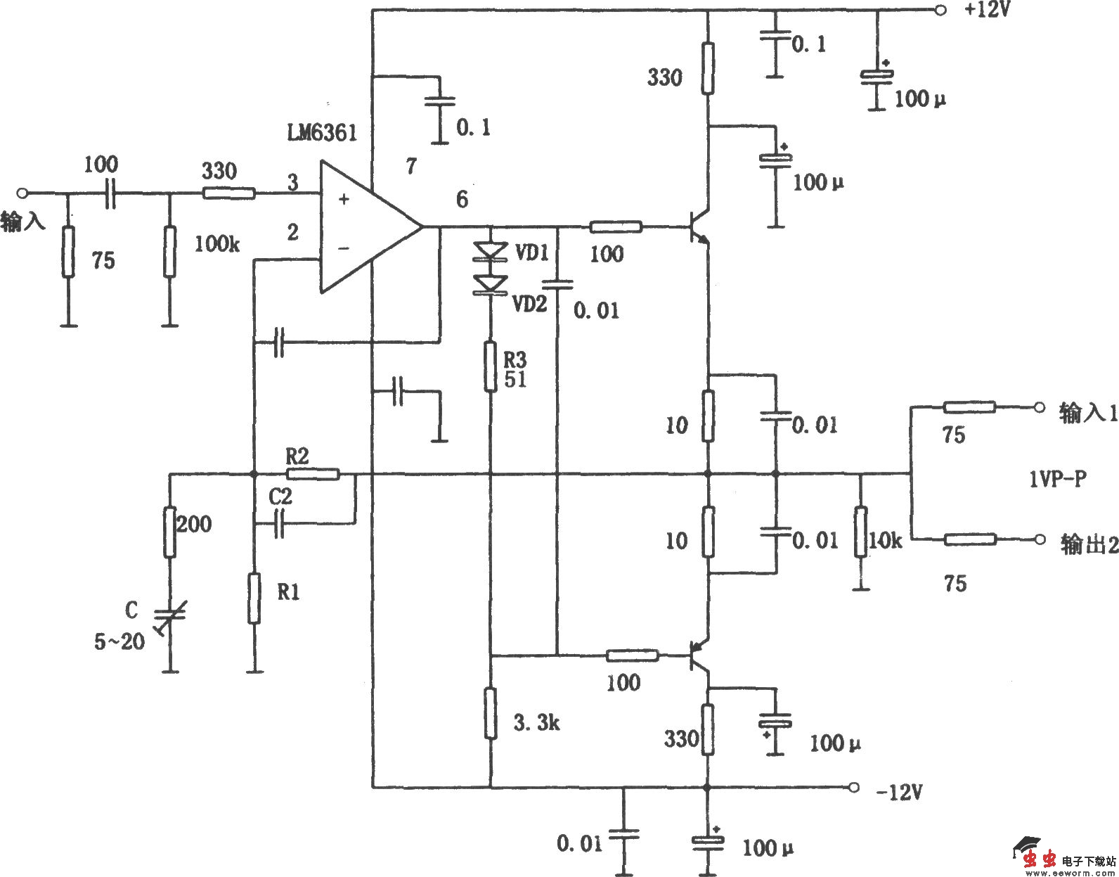 LM6361构成的用于容性负载的宽带驱动器