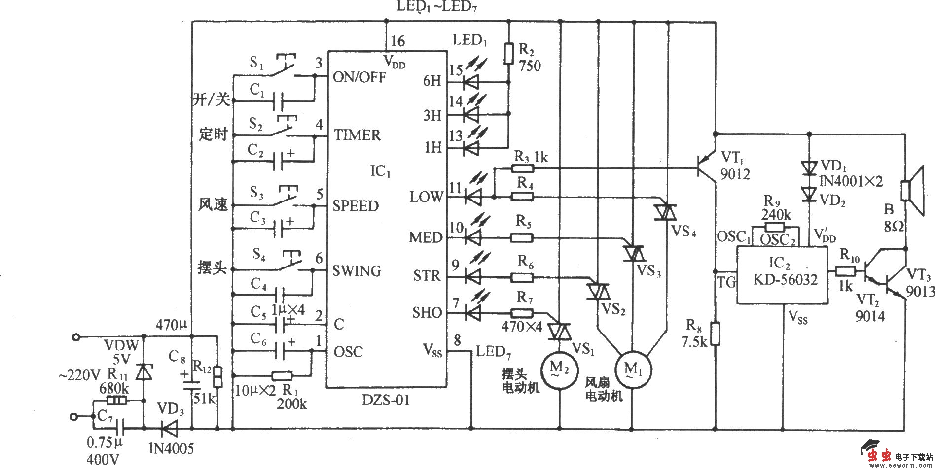 用DZS-01的多功能电风扇控制电路
