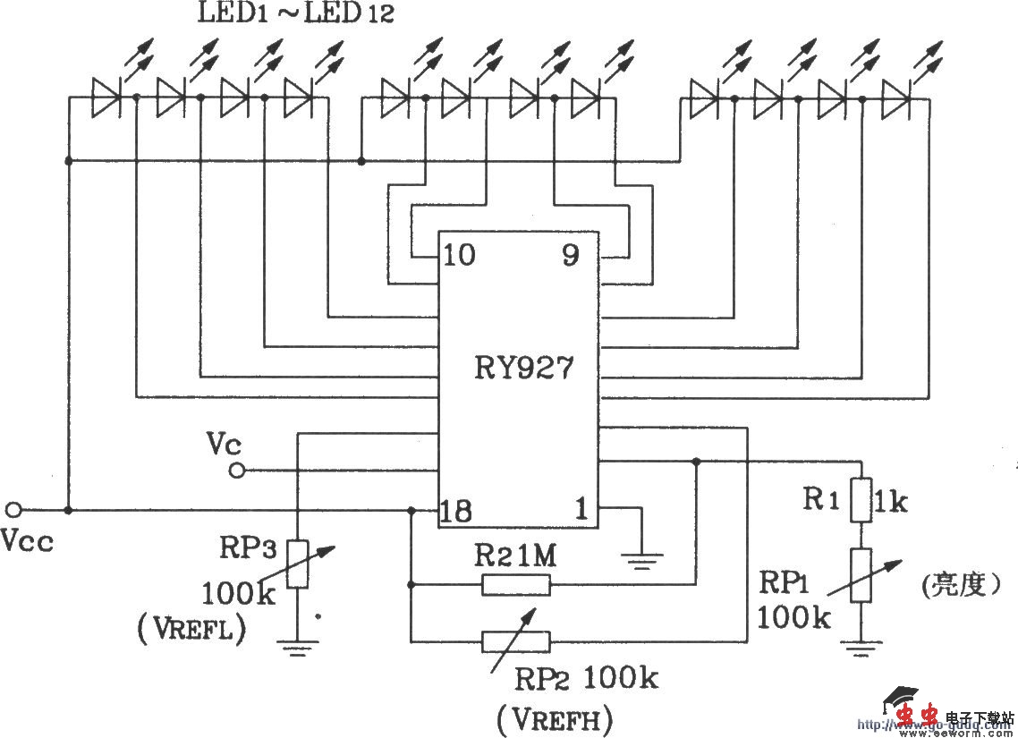 RY927多段LED驱动线性显示器典型应用电路