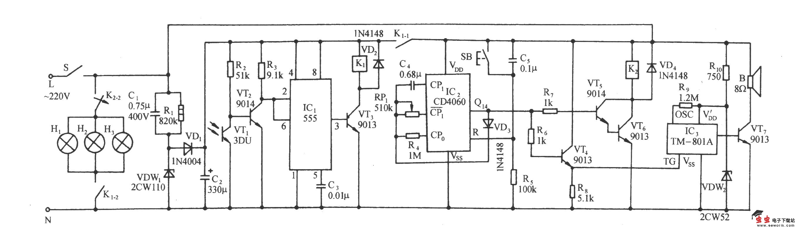 蛋鸡高产自动增光照射伴公鸡啼叫电路