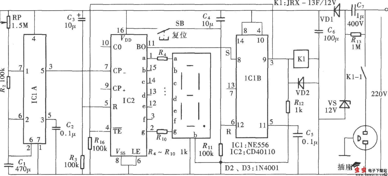 由NE556、CD40110组成的倒计时数显定时器