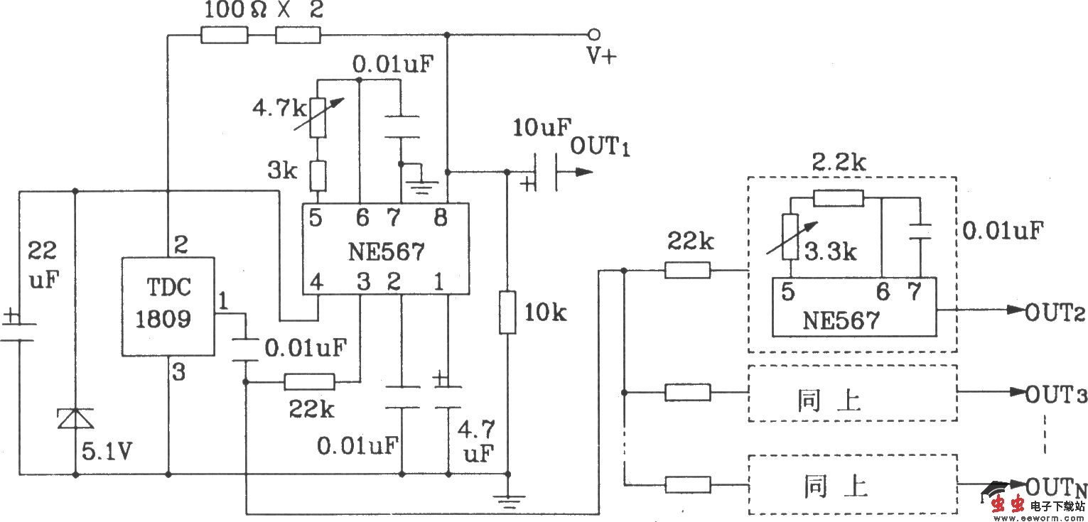 由TDC1808/1809构成射频单、多通道遥控发射、接收电路图