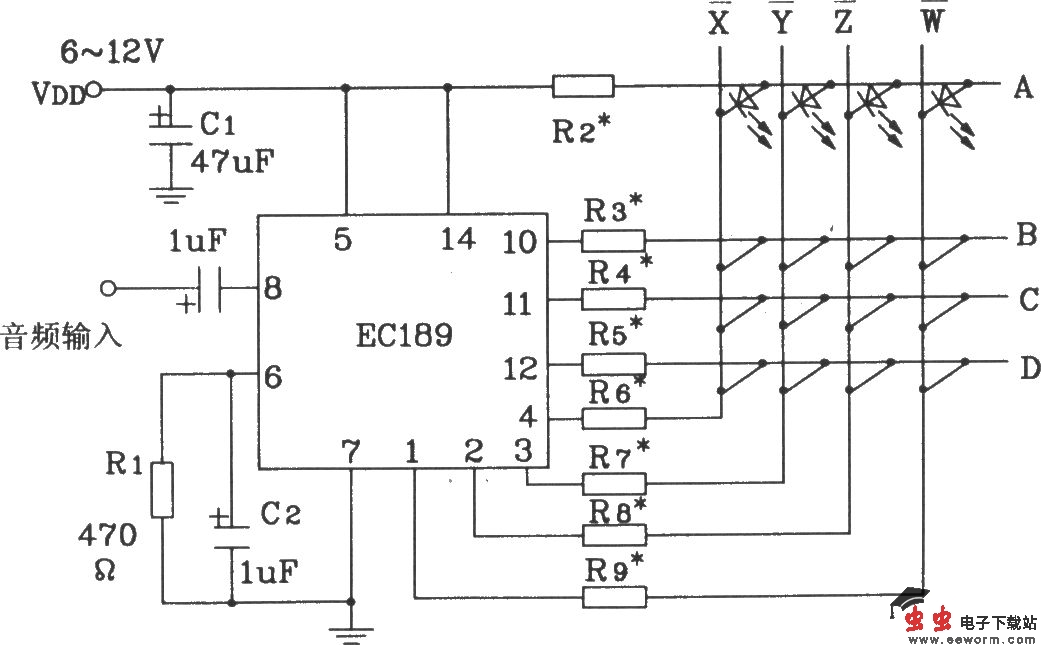 音响彩灯控制集成电路ECl89的典型应用电路图