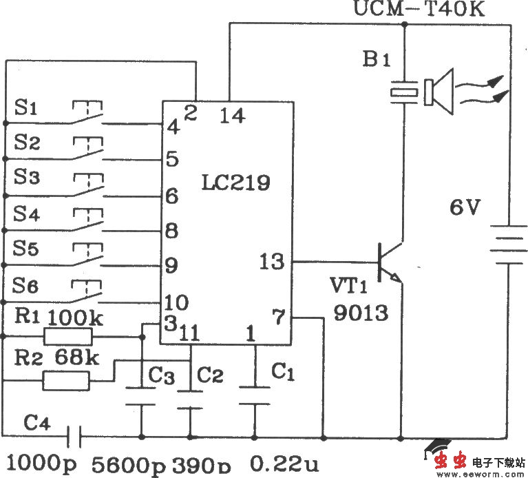 LC219/220A构成超声波6路遥控接收应用电路图