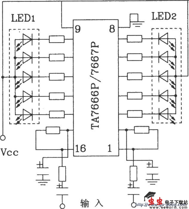 HA7666P／TA7667P构成两条5点LED显示驱动电路