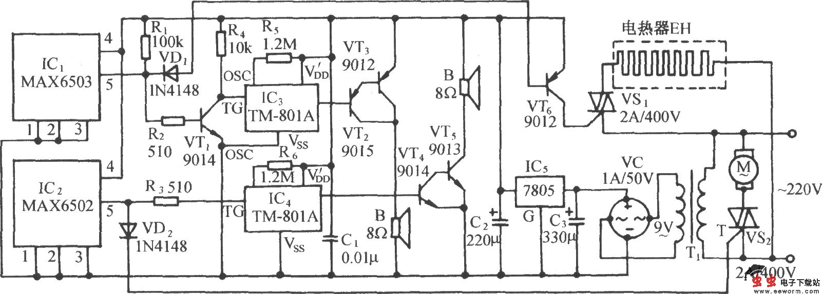 上、下限温度控制伴音响报叫电路(MAX6502/3)