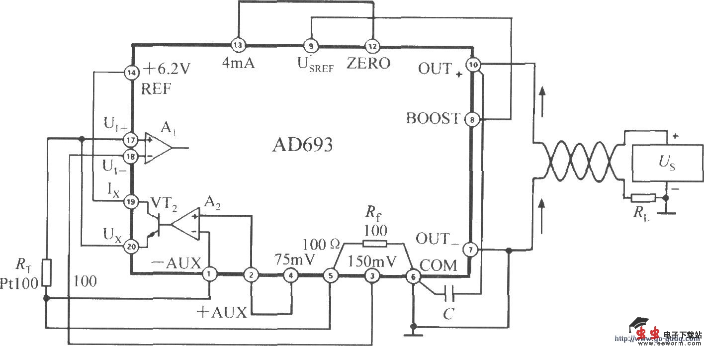 由多功能传感信号调理器AD693构成的PRTD信号调理器电路
