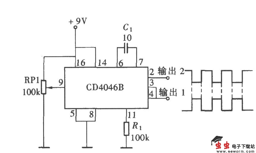 用CD4046产生相位相反的对称方波