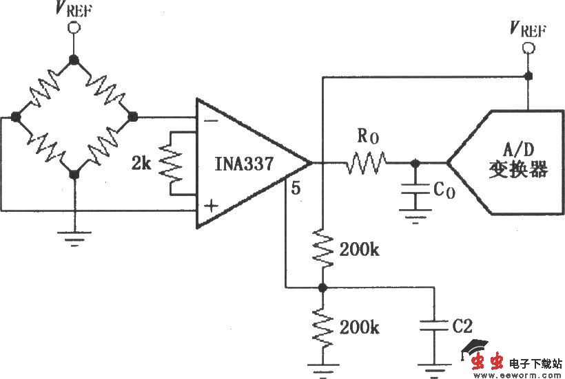 由INA337构成的输出参考电位为VREF／2的电路