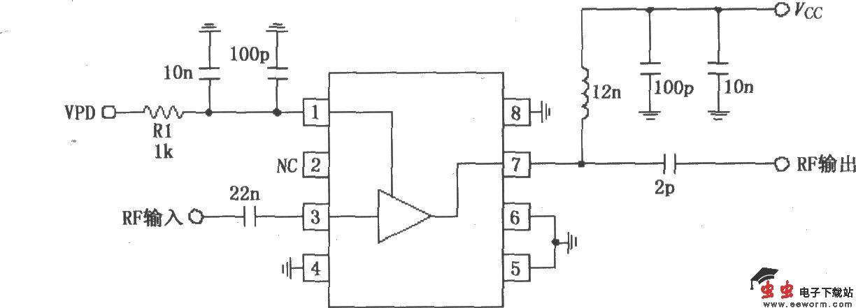 由RF2347构成的880MHz低噪声放大器应用电路