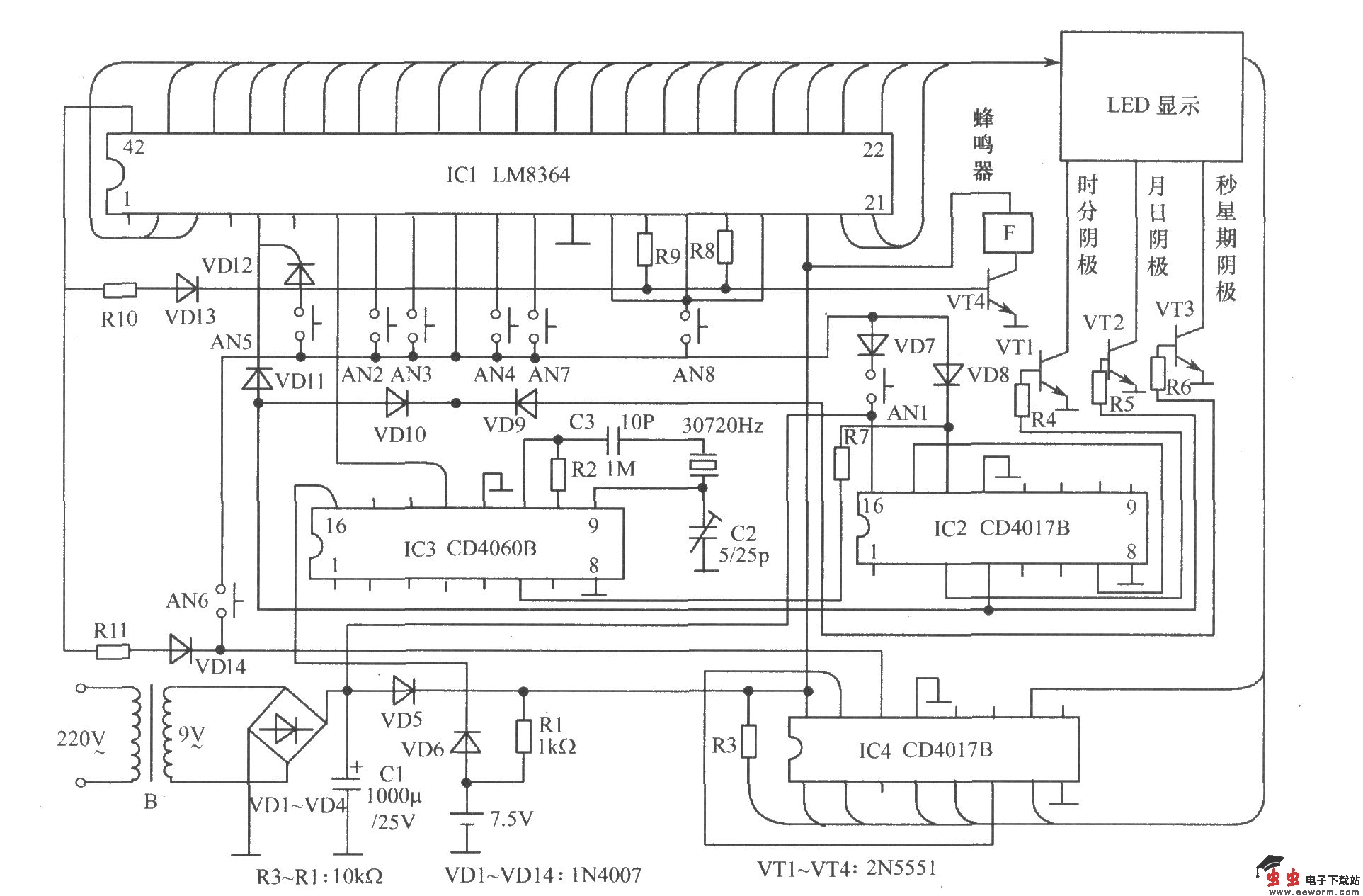 数码显示日历时钟电路