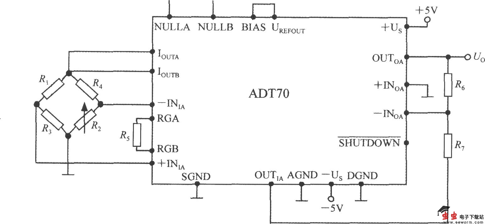铂热电阻信号调理器ADT70ADT70在电阻应变仪中的应用电路
