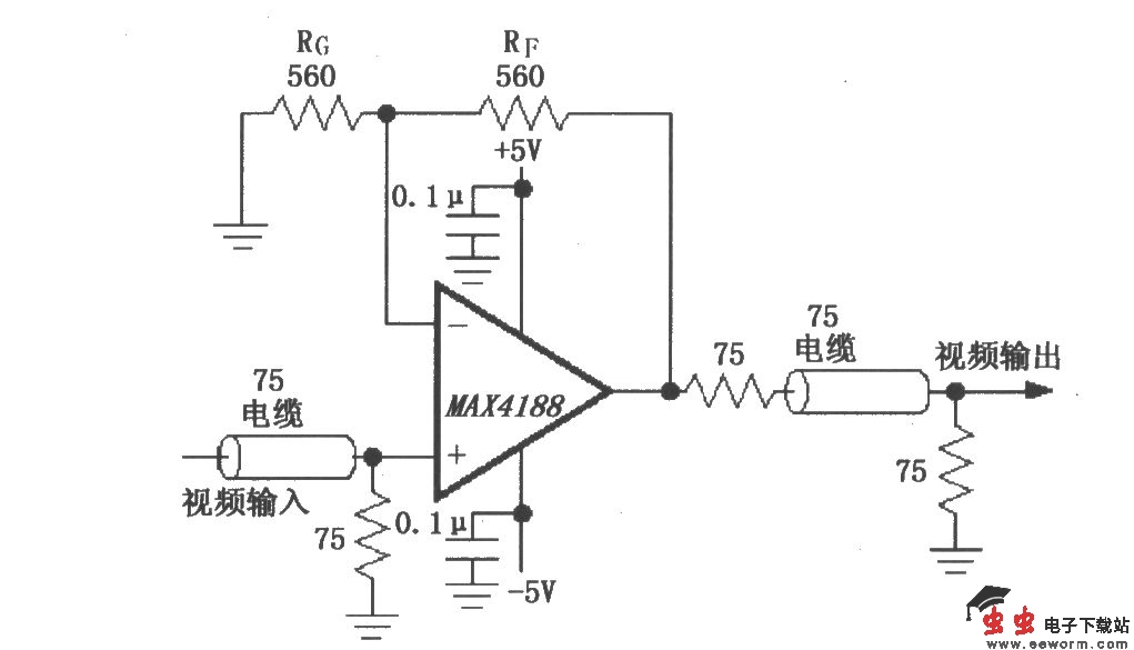 由MAX4188构成的视频线驱动放大器电路