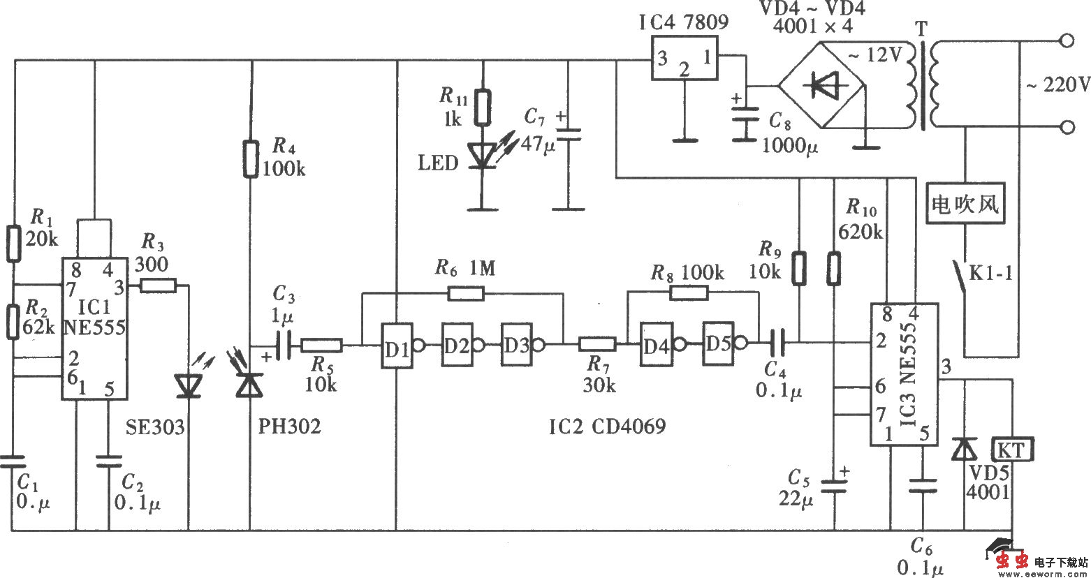 红外线控制自动干手器(NE555、CD4069)