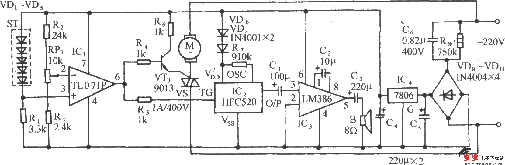 特种养殖温度控制及海浪发声电路