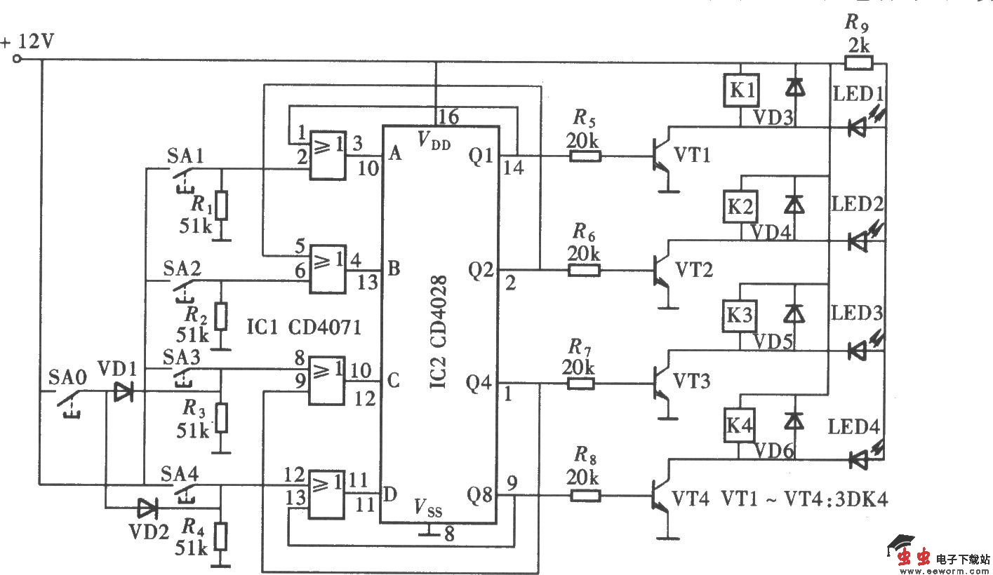 四路互锁开关电路一(CD4028)