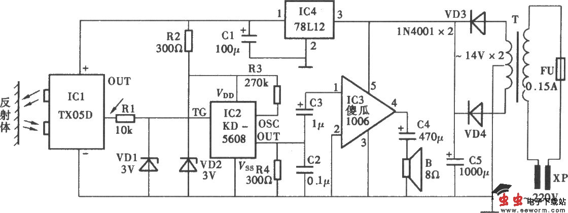 采用TX05D的红外线控制电子狗电路