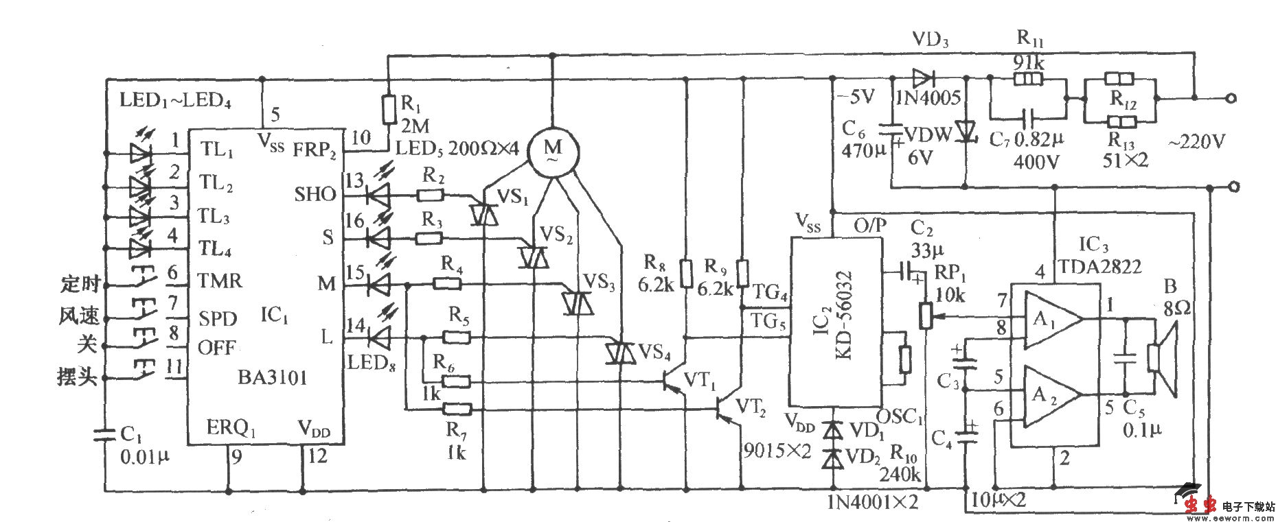 用BA3101的多功能电风扇控制电路
