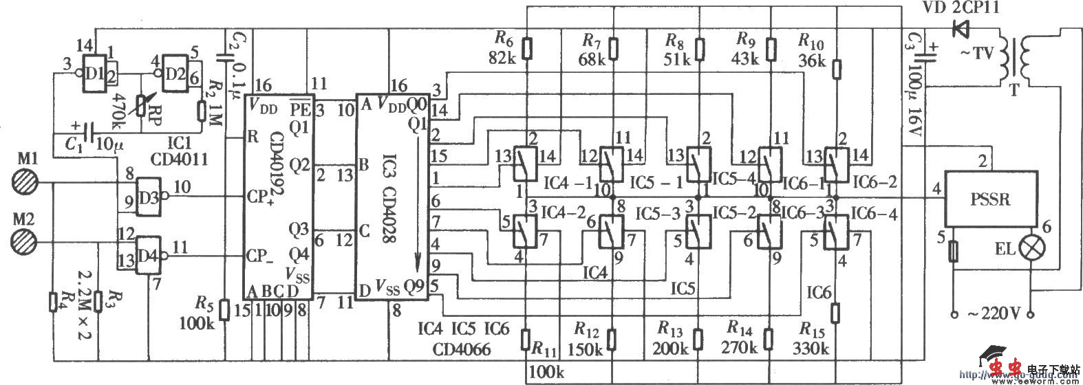 由CD4028组成的触摸式电子调光器