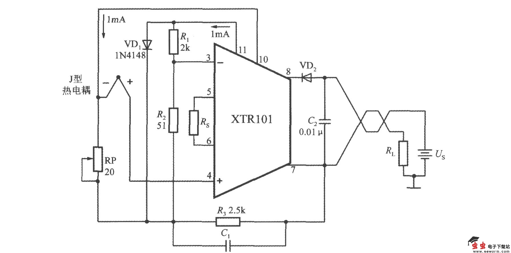 由精密电流变送器XTR101构成带冷端温度补偿功能的J型热电偶输入