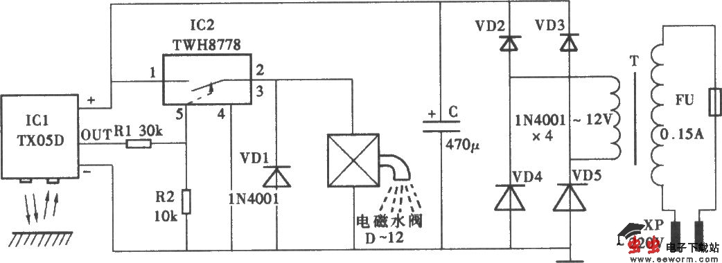 采用TX05D的红外线控制水龙头电路