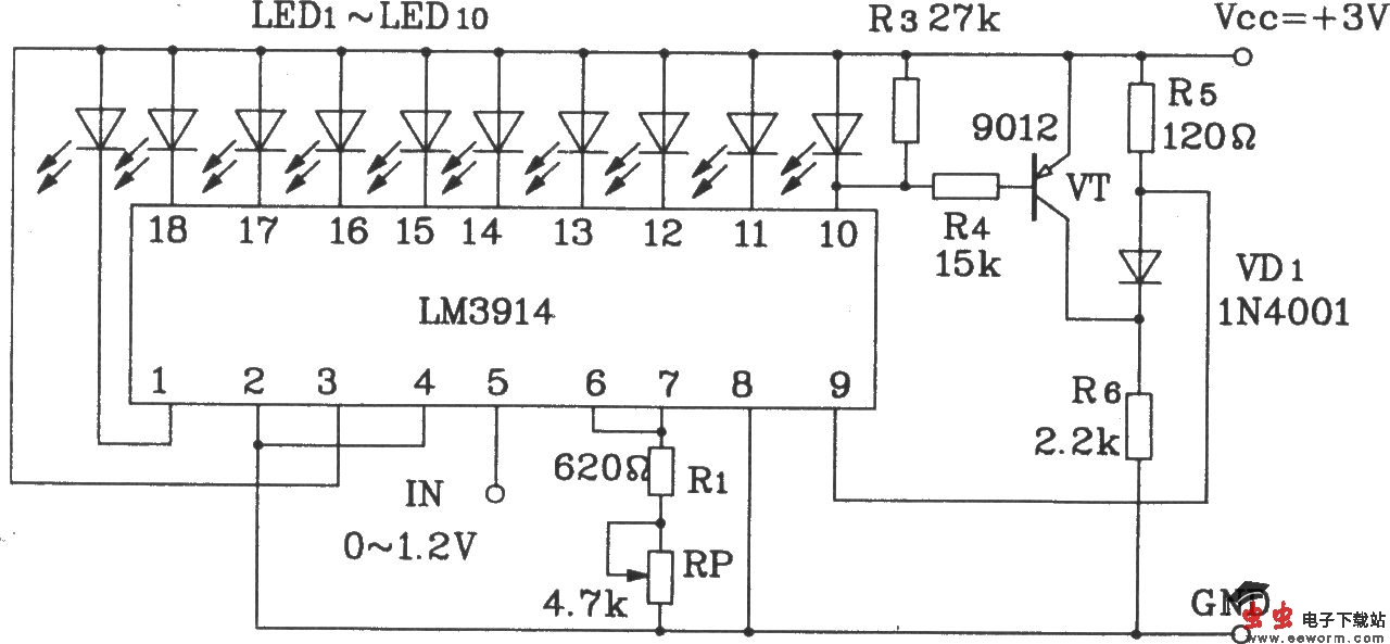 LM3914构成点显示、线溢出的LED显示电路