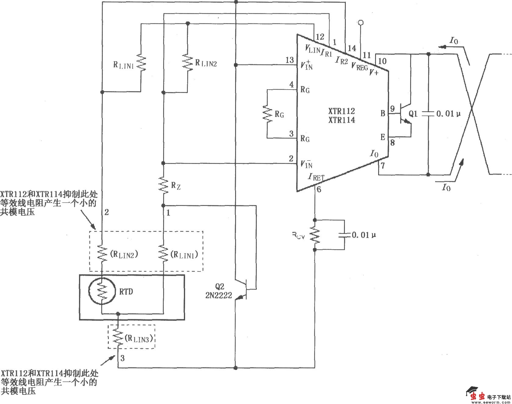 XTR112/114三线远程电阻式热探测器连接电路