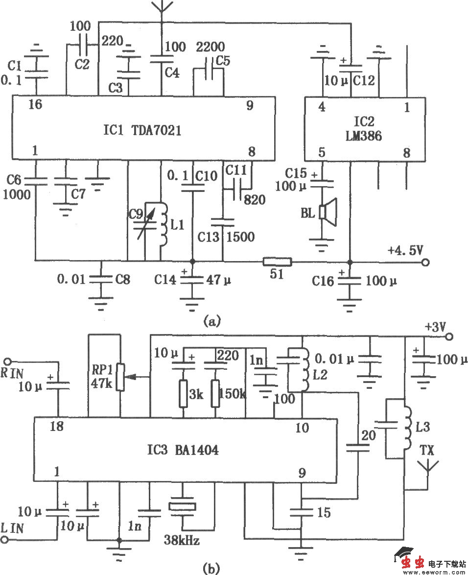 BA1404、TDA7021组成的免调试调频收发电路