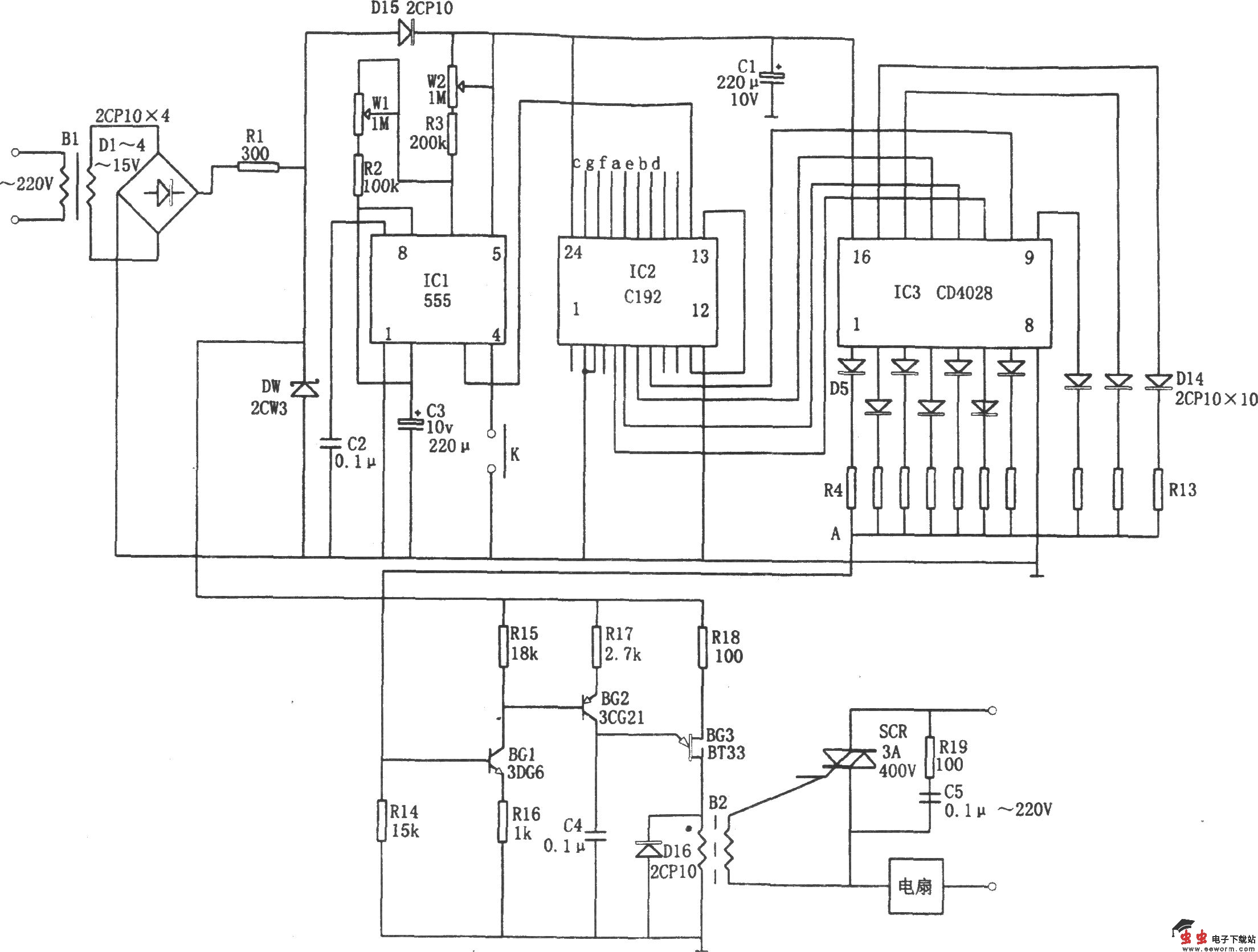 自动变换l0挡风速的控制器(C192、555、CD4028)