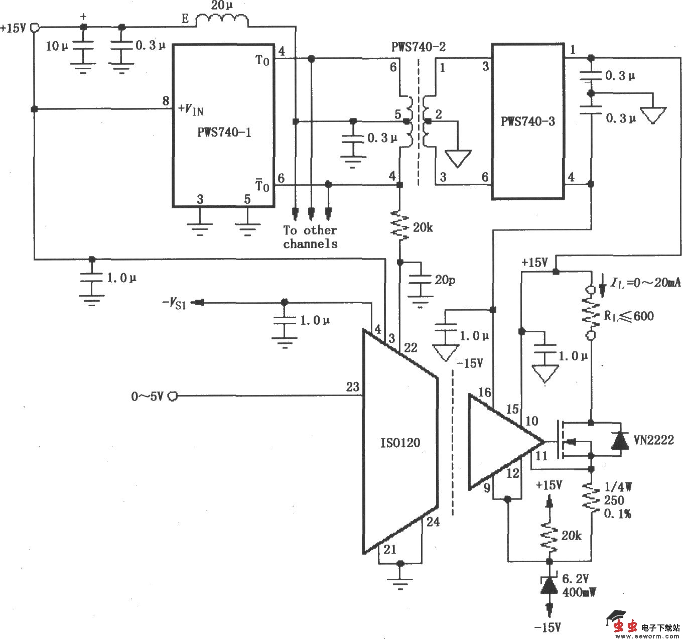 由ISO120与PWS740构成的八通道隔离式0～20mA电流环电路