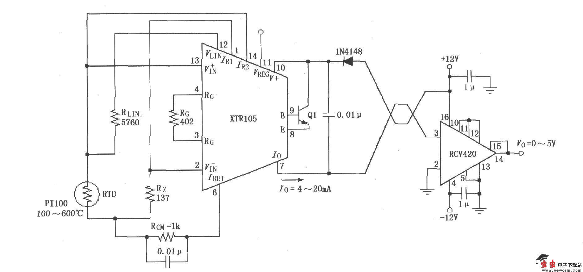 XTR105、RCV420组成的&plusmn;12V供电的发送／接收环电路