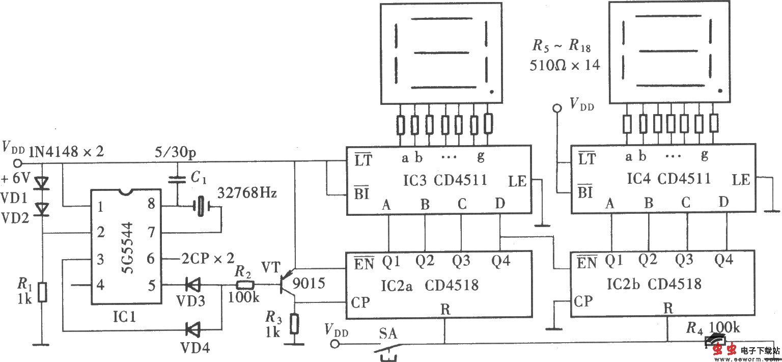 两位数显秒计时器(5G5544、CD4511、CD4518)