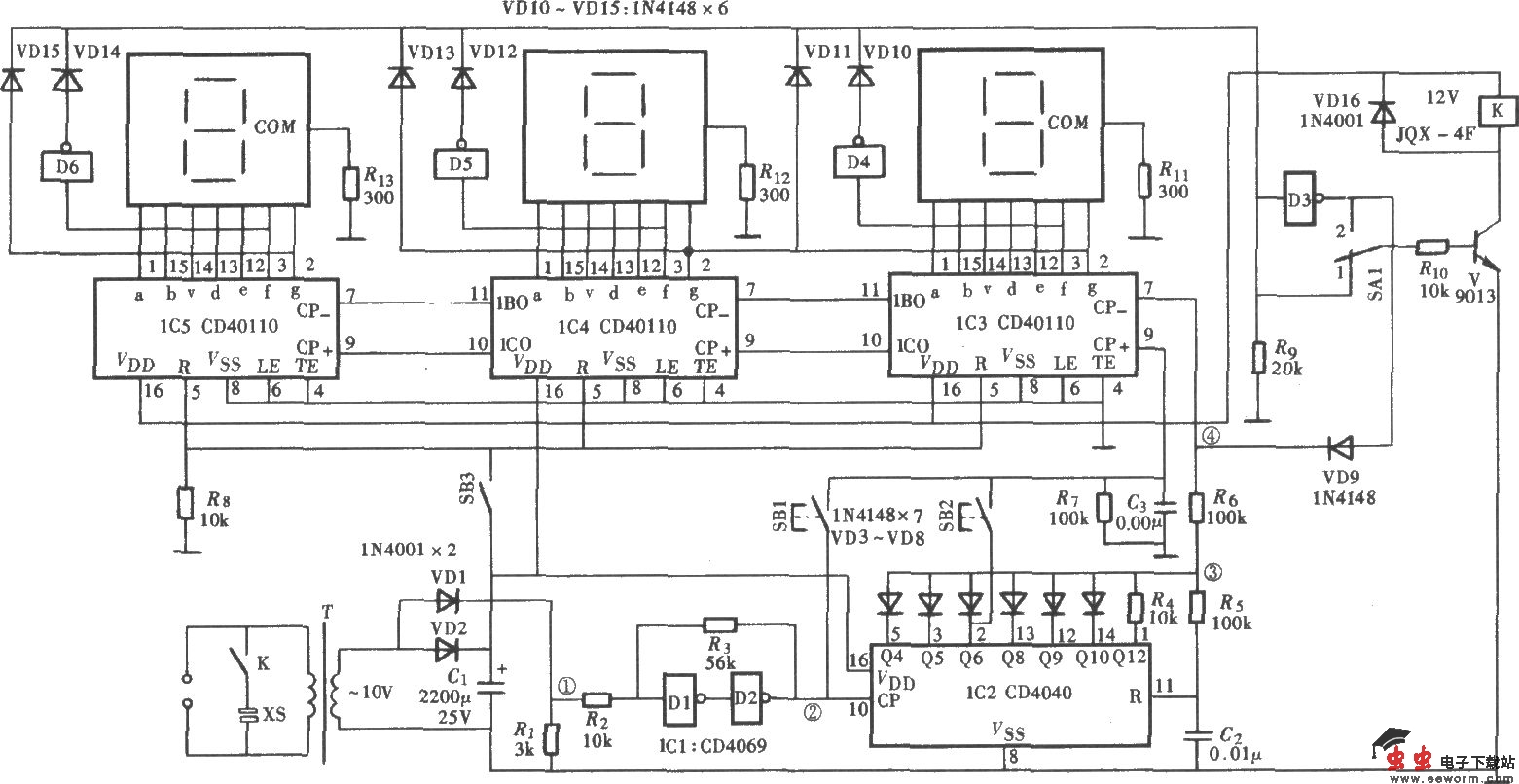 逆计时数显定时控制器(CD40110、CD4040、CD4069)