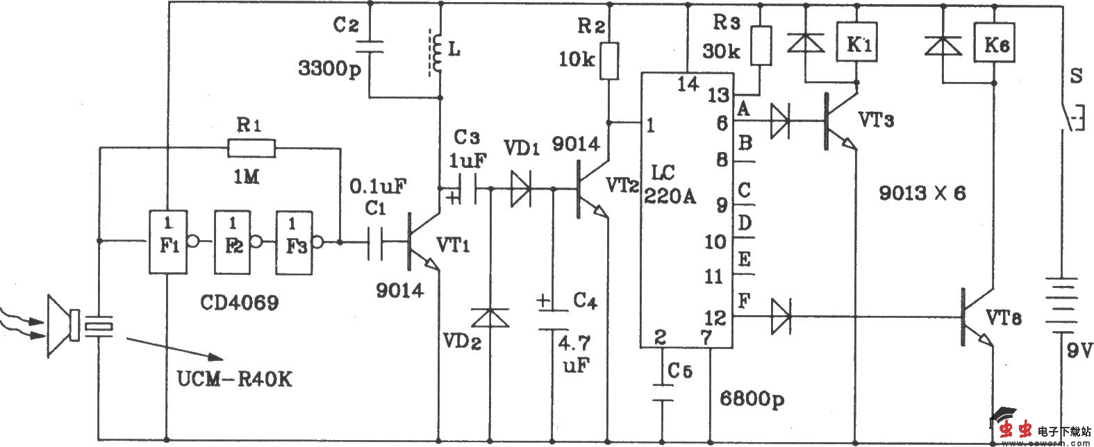 LC219/220A构成超声波6路遥控接收应用电路图