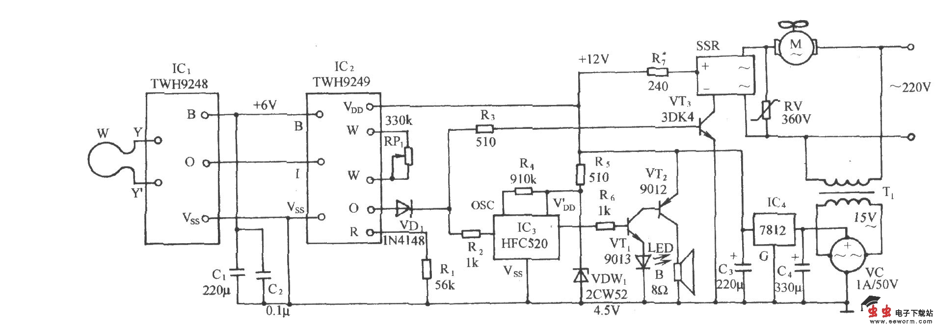 扫描探测式电风扇自动控制电路(TWH9248/9249)