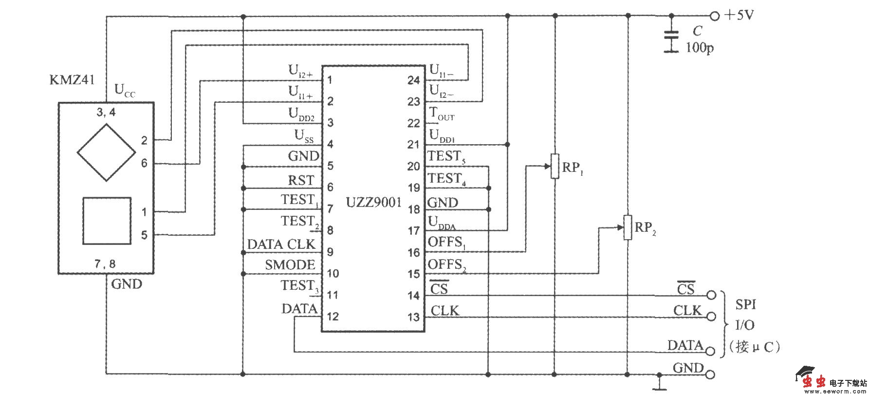 数字输出式角度传感器信号调理器UZZ9001的典型应用电路