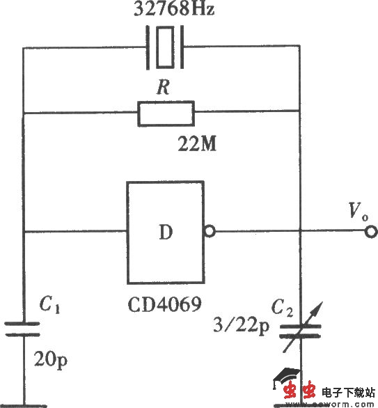 用门电路组成的石英晶体振荡器(CD4069)