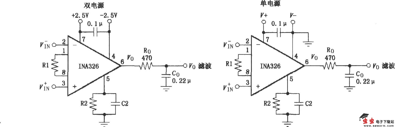 INA326／327的信号和电源的基本连接电路