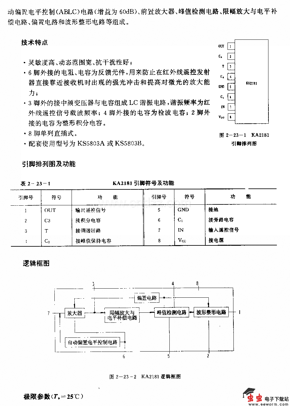 KA2181 (电视机和录像机)红外线遥控接收前置放大电路
