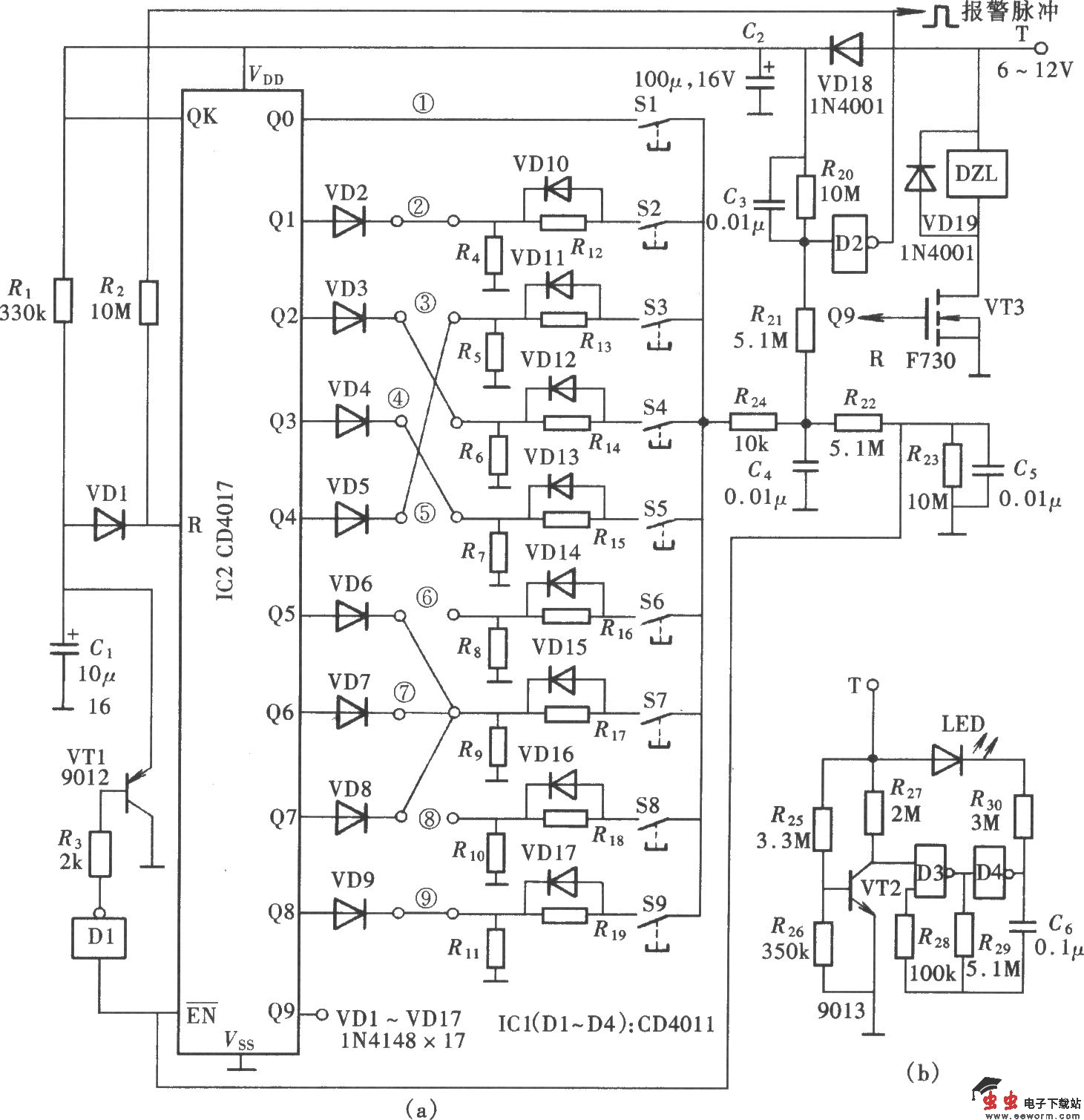 由CD4017组成的超级密码锁电路