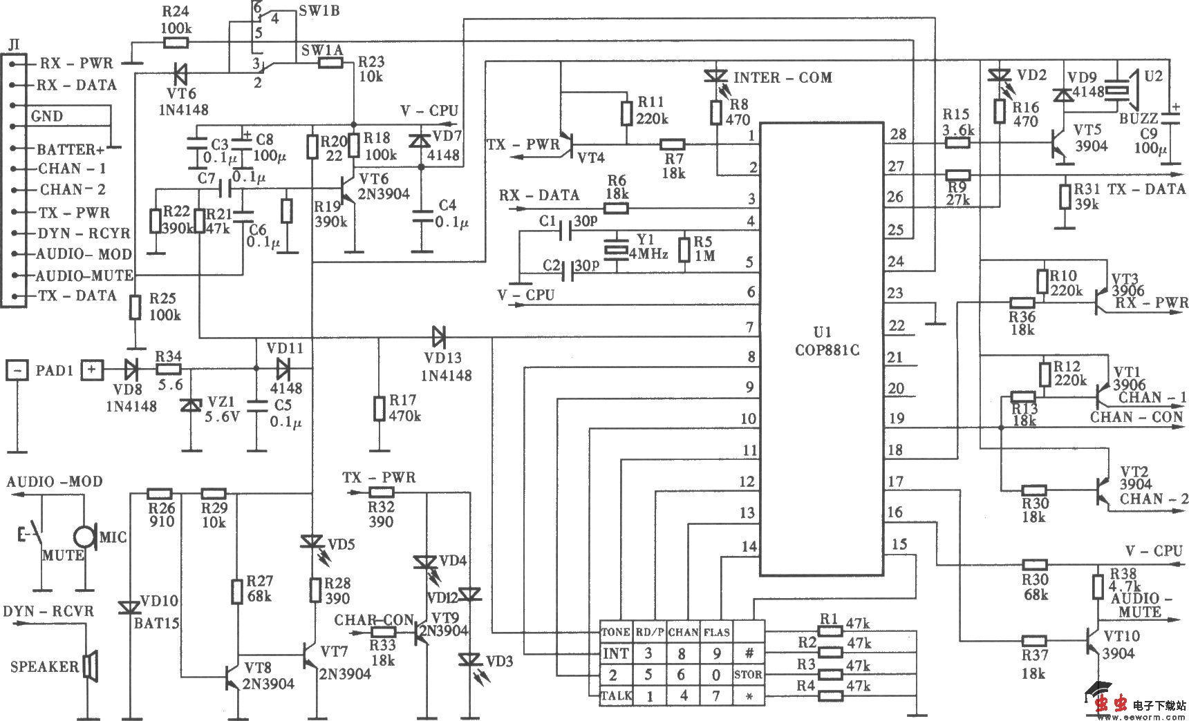 TCLHW868P/TSD型无绳电话机手机微电脑控制电路